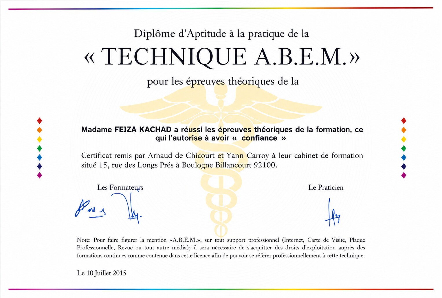 Diplôme d'Aptitude à la pratique de la Technique A.B.E.M., délivré à Feïza