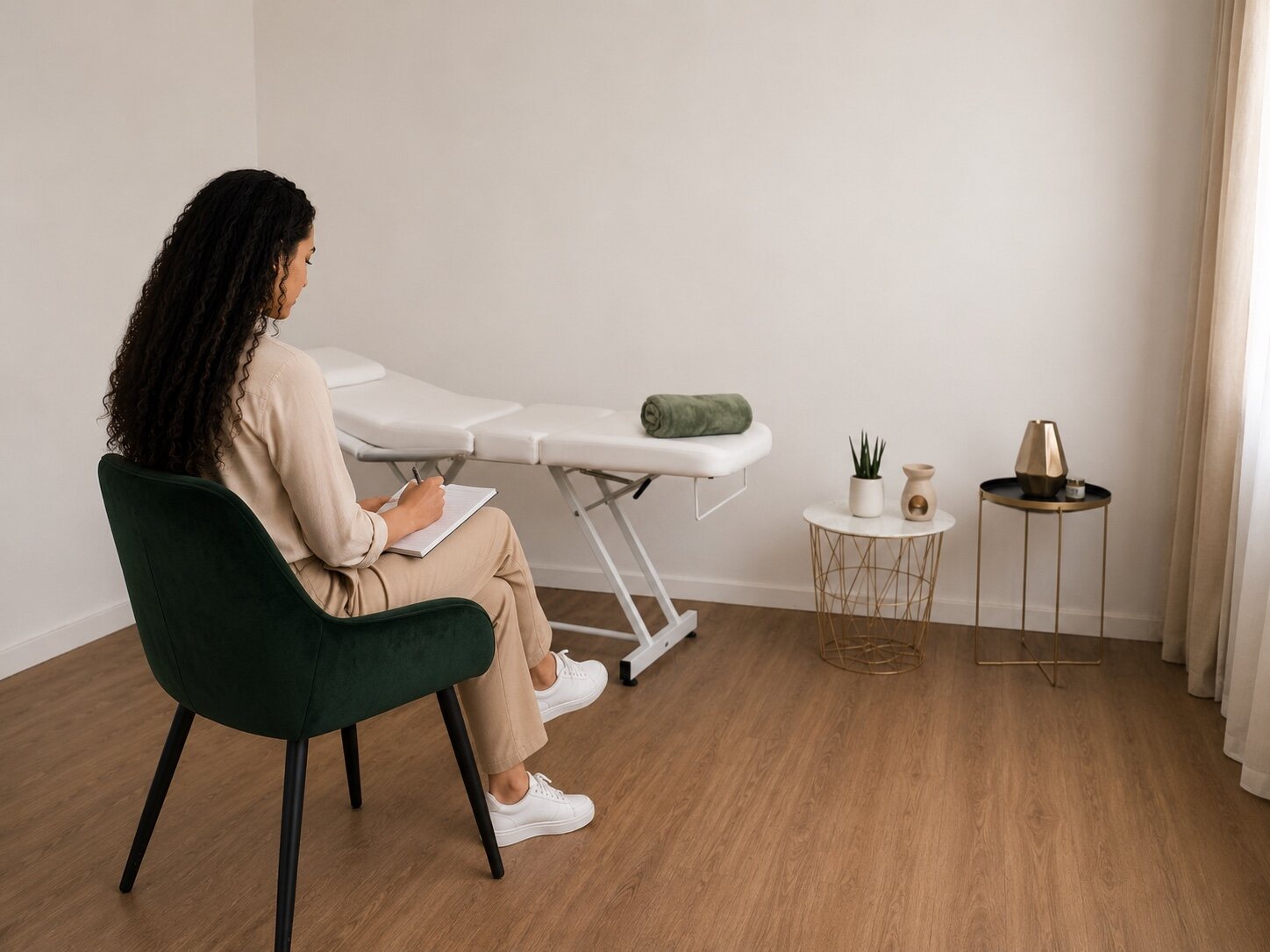 Feïza, praticienne en soins énergétiques, magnétisme et hypnose, dans son cabinet à Paris